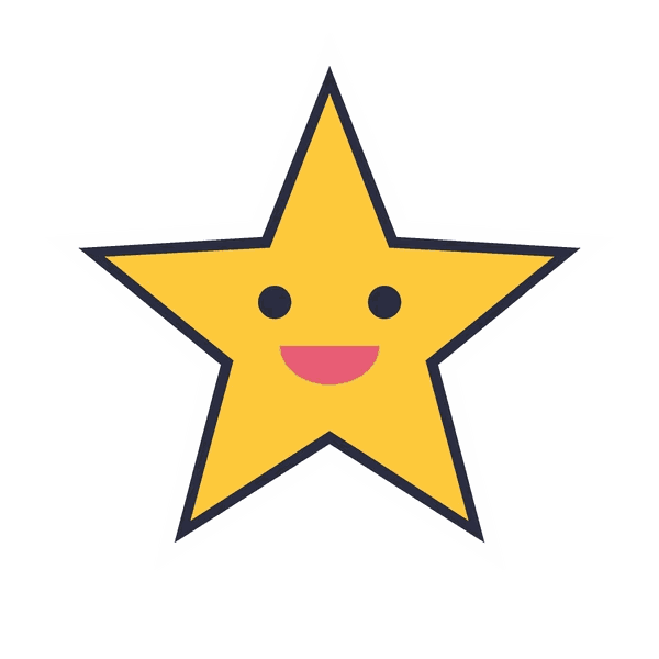 Smiling yellow star sticker with a dark outline on a transparent background