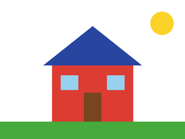 Paint-style drawing of a red house with a blue roof, green grass and a yellow sun