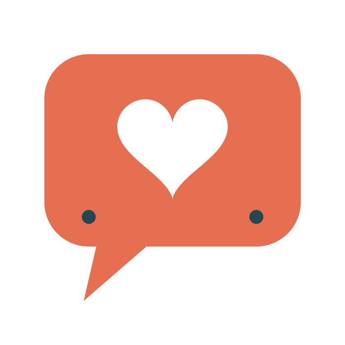 Coral speech bubble with a white heart on a white background, as a PNG